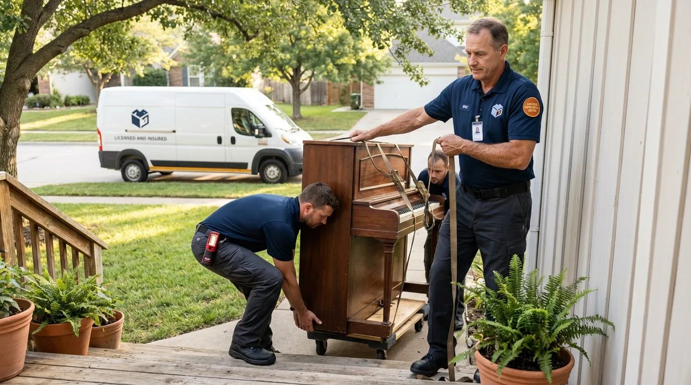 Licensed piano movers securing grand piano in Tatamy, PA
