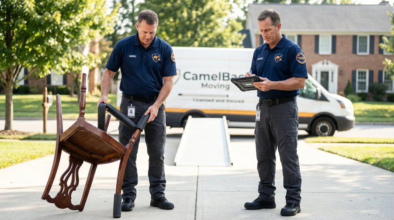 Movers inspecting furniture for damage prevention before loading in Tatamy, PA