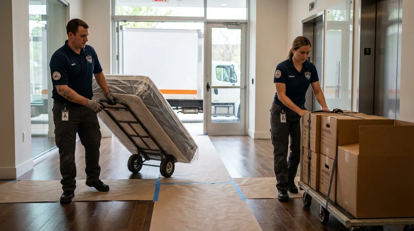 Professional apartment movers loading elevator in Tatamy, PA