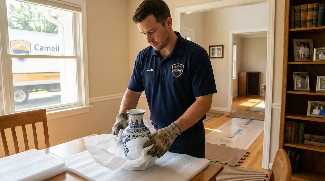 Professional crew carefully wrapping antique vase for senior downsizing move in Tatamy, PA
